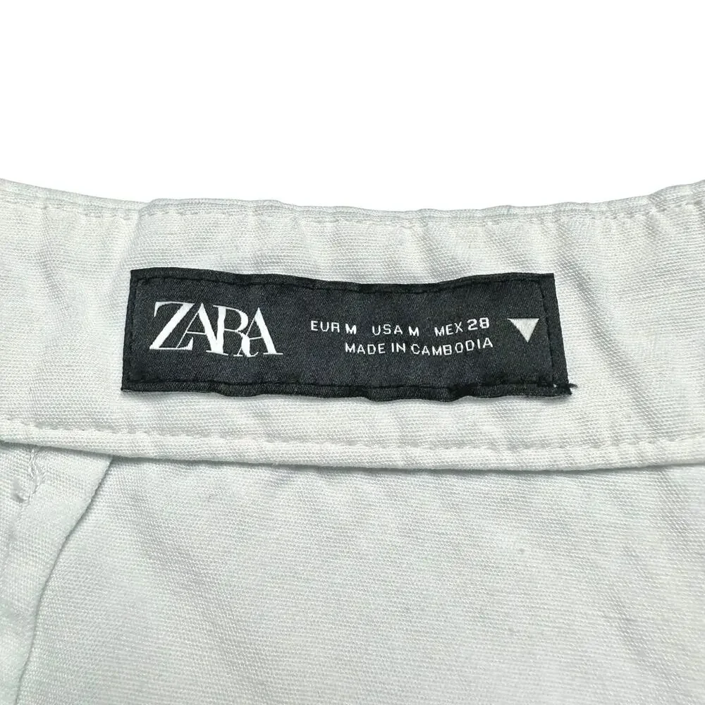 Zara | Women | White Linen Blend Pleated Summer Wide Leg Trousers | Medium